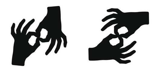 Set of vector silhouettes of hands showing sign language symbol, hand gesture communication icon for education, awareness, accessibility, minimal black illustration