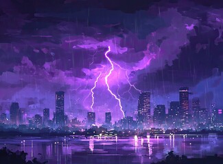 Fototapeta premium Purple lightning storm over a city at night, reflected in the water.