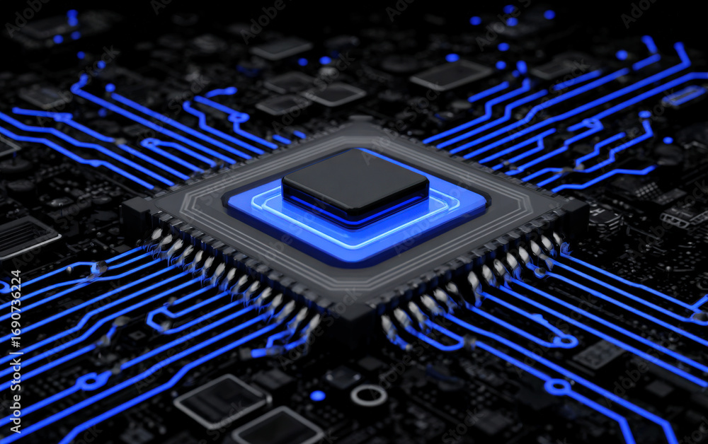 Poster close-up view of a modern microprocessor with blue circuit lines