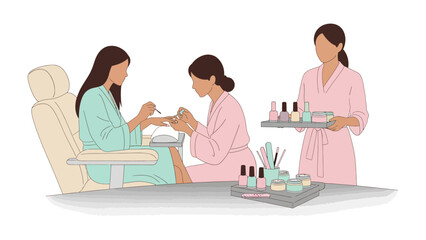 Woman receiving a manicure in a spa setting with a nail technician and a tray of beauty products and tools