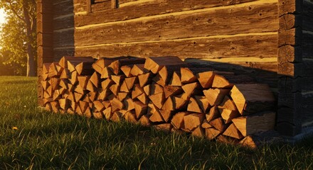 A pile of split firewood sits next to a log cabin bathed in warm sunlight Grass is visible in the foreground