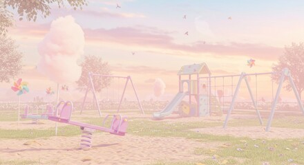 A playground scene with swings a slide a seesaw and cotton candy trees all bathed in soft pastel light