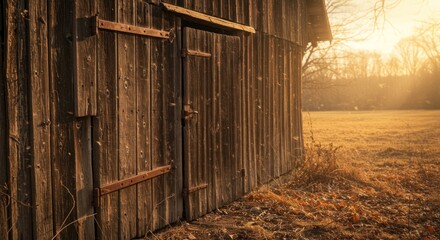 A weathered wooden barn with rusty hinges stands on a field under warm sunlight