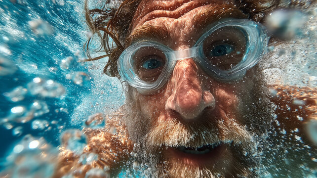 Breath-holding underwater man showcases swimming skills in bright blue water