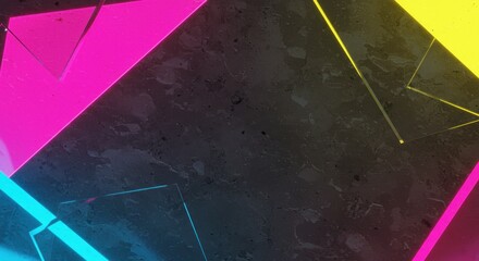 Abstract image with pink yellow and blue neon shapes on a textured gray background