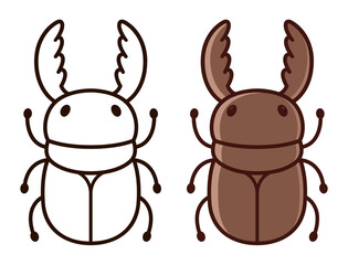 Stag beetle drawing in simple cute cartoon style. Color illustration and black and white line art for coloring. Hand drawn vector clipart.