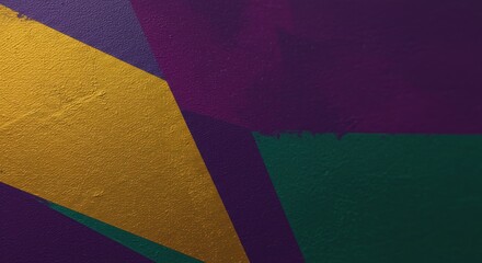 An abstract design of painted geometric shapes in shades of gold purple and green covers a textured wall