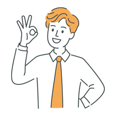 A cheerful businessman with orange hair gives an ok gesture, wearing a white shirt and tie, handdrawn vector illustration