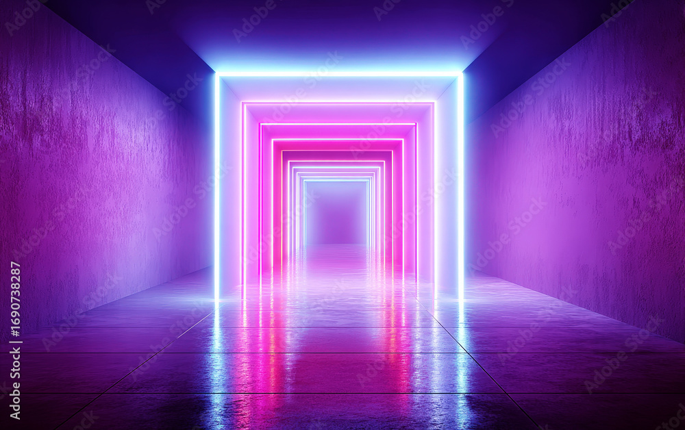 Poster neon-lit tunnel with multiple glowing rectangular frames