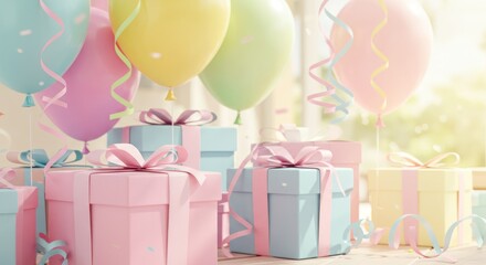 Gifts and balloons Pastelcolored gift boxes with ribbons under a cluster of pastel balloons with streamers