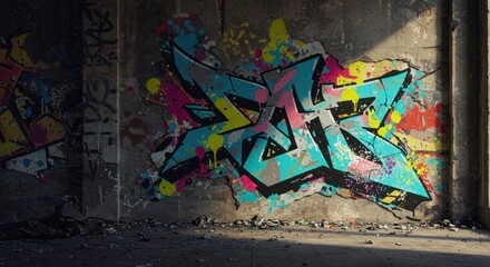 Graffiticovered wall in an abandoned building with splattered paint crumbling plaster and debris scattered on the floor