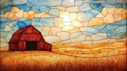 A vibrant stained glass artwork depicting a barn against a colorful sky and golden fields, capturing the essence of rural tranquility. stained glass.