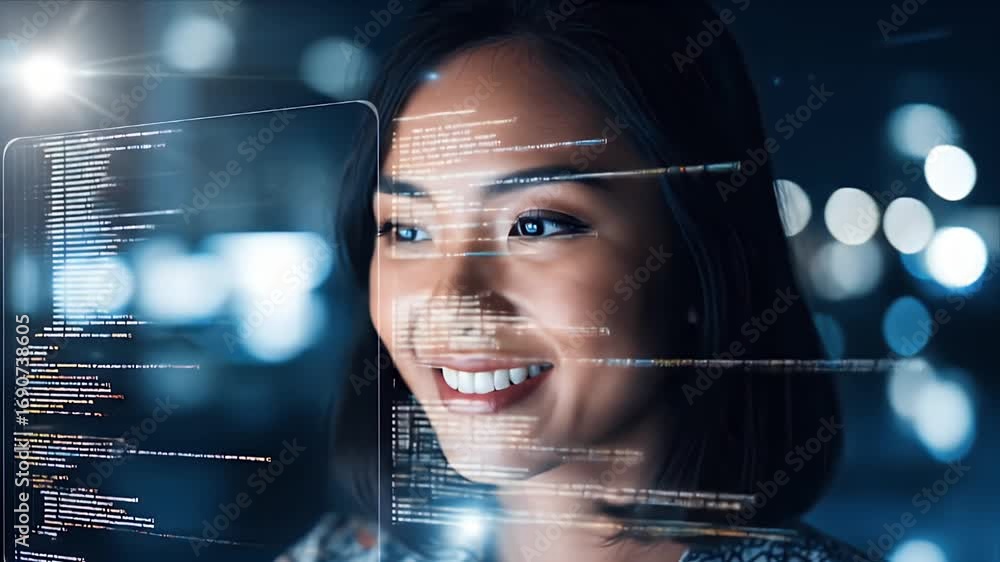 Poster young woman smiling while interacting with digital code on a transparent screen in a tech environmen