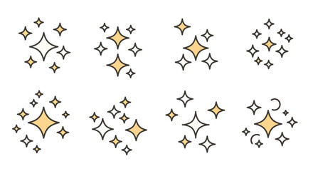 A collection of eight different sparkle and glitter icon sets, featuring shining stars and twinkling effects in a simple vector style.