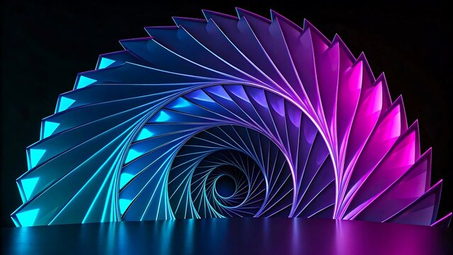 Abstract spiral shape with glowing neon blue and pink gradient light on dark background 
 - Powered by Adobe