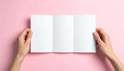 Obraz premium Blank Tri-Fold Brochure Held in Hands Against Pink Background