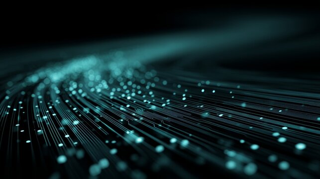 A futuristic network of glowing interconnected lines flows dynamically against a dark backdrop,