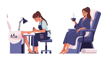 Woman receiving professional pedicure treatment in a salon while another woman relaxes in a comfortable chair holding a drink