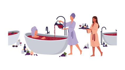 Two women enjoying a luxurious wine bath spa treatment with grapes and wine bottles promoting relaxation and self care in a tranquil setting