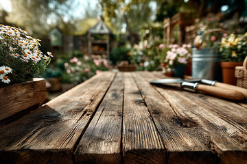 Drewniany, stary stół z narzędziami ogrodowymi, na którym stoi doniczka z białymi kwiatami. Tło jest rozmyte, co podkreśla głębię obrazu, i przedstawia ogród z roślinami i domkiem.