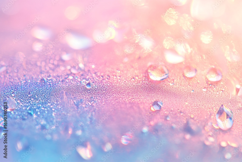 Aufkleber close up of shiny water drops on colorful iridescent textured surface creating holographic effect. a