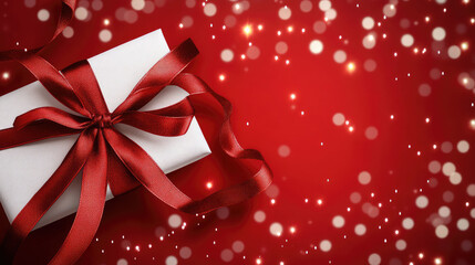 White Gift Box with Shiny Red Ribbon on Festive Red Background with Bokeh Lights