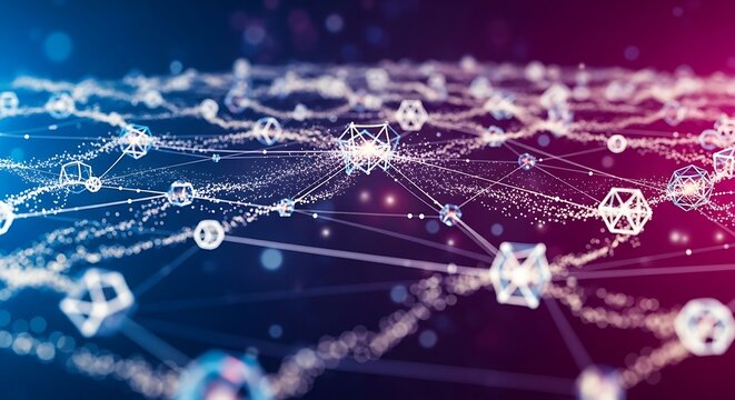 Abstract background with interconnected nodes and lines, representing a complex network or blockchain technology isolated on white background