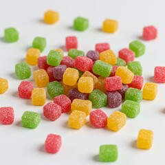 Gummy candies scatter a white surface