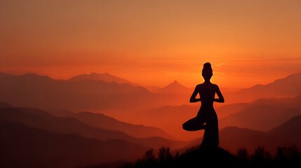 Illustration of silhouette of a woman practicing yoga in tree pose on a mountain top during a vibrant orange sunset