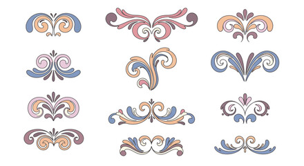 A collection of eleven elegant, vintage-style floral scroll ornaments and page dividers in pastel colors.