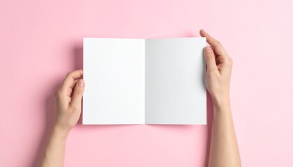 Female hands holding an open blank white bifold greeting card mockup on a solid pink background.