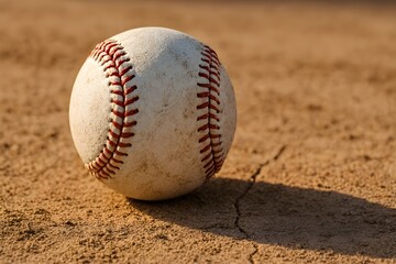 A baseball on dry clay surface