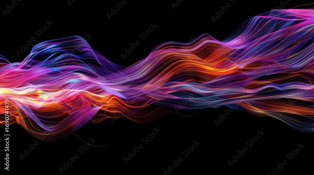 Poster abstract colorful waves flowing against a black background creating a dynamic and vibrant pattern