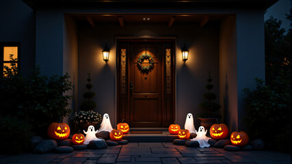 Festive Halloween Door Decor with Pumpkins and Ghosts