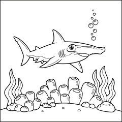 Cute Hammerhead Shark Underwater Scene - Coloring Page for Kids