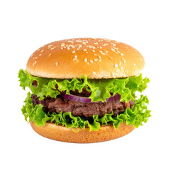 Delicious Hamburger on Transparent Background with Sesame Seed Bun Lettuce Red Onion and Juicy Patty