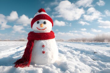 Obraz premium Cheerful snowman wearing red scarf and hat in snowy winter landscape under blue sky with clouds