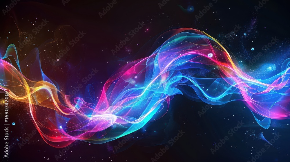 Poster colorful abstract wave pattern with glowing particles against a dark cosmic background design art