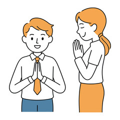 Polite businessman and businesswoman greeting with hands together respectful colleagues showing gratitude and appreciation