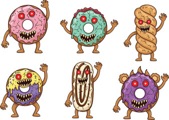 Scary zombie donuts and pastries with glowing red eyes, cracked frosting, creepy cartoon food characters, Halloween horror theme, spooky dessert monsters