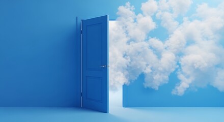 A blue door opens to a bright sky filled with white clouds, symbolizing opportunity, dreams, and a fresh start to new beginnings