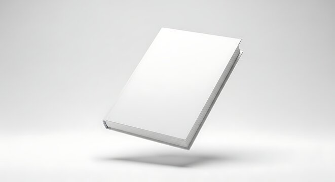 Blank white hardcover book floating in a white studio, isolated on white background, ideal for showcasing book cover design