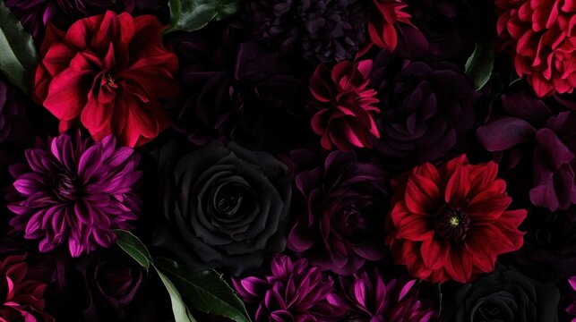 Dramatic floral arrangement featuring dark roses, dahlias, and subtle green foliage