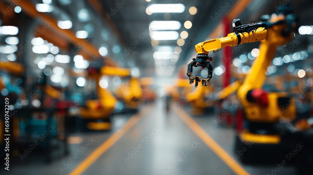 Poster a robotic arm extends forward within a blurred industrial setting, symbolizing automation and the fu