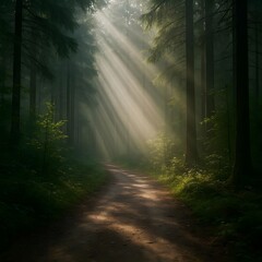 Fototapeta premium Spotlit mist on a forest path.