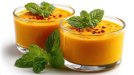 Mango Orange Smoothie with Mint Leaves on Clean White Background, Fresh Healthy Drink, No Shadows, High Resolution