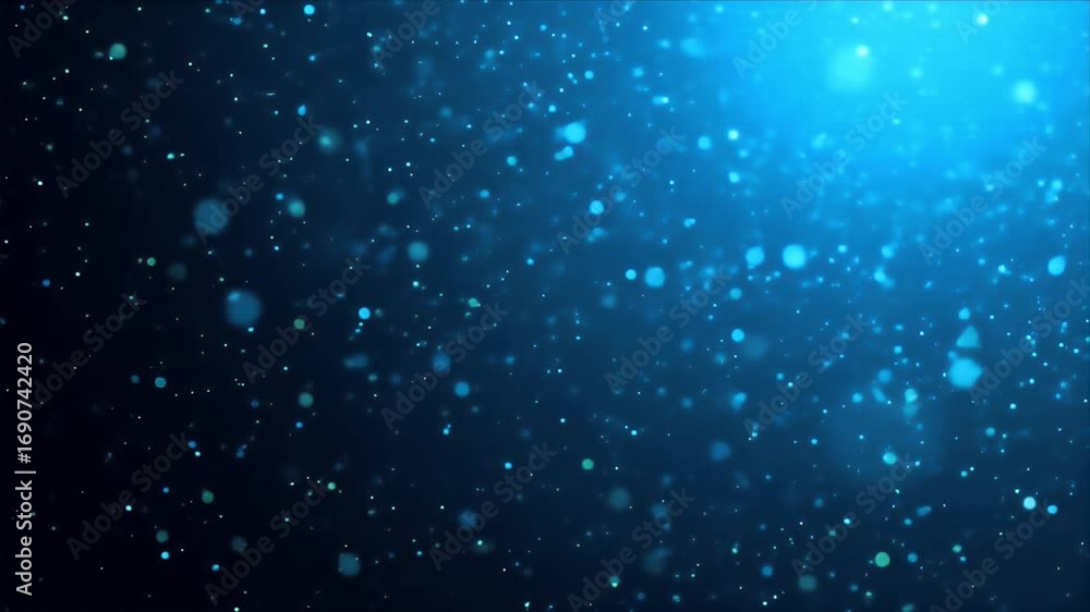 Poster abstract underwater scene with shimmering particles floating in a deep blue environment