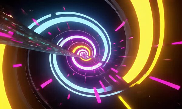 Futuristic video of a vibrant spinning tunnel vortex shifting between bright hues and heavy glitch transitions