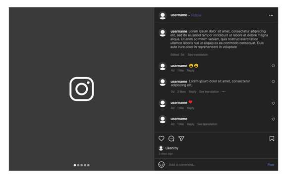 Instagram post UI mockup template for Instagram social media web layout in dark mode with comments, likes and profile interface.