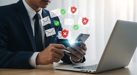 Businessman using smartphone with email virus detected alert, online security and spam concept on a bright background in the office
